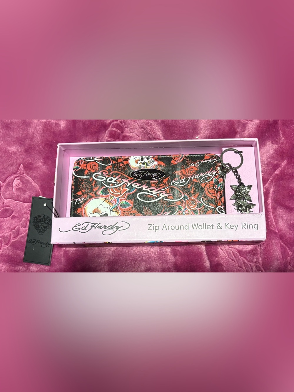 Ed Hardy Black Wallet with Red Floral & White Script